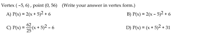 Write an equation for the quadratic function whose graph contains the given vertex and point.