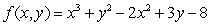 The function   has a critical point which is a local minimum when x = _____ and y = _____.