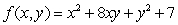 The critical point of   occurs at x = _____, y = _____, and is a local ________ (maximum / minimum / neither).