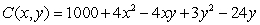 A company's cost function to produce x units of one product and y units of a second product is given by   . The minimum cost occurs when x = _____ and y = _____.