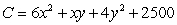 A company manufactures x units of one item and y units of another. The total cost, C, in dollars of producing these two items is given by the function   . Use Lagrange multipliers to find the minimum cost subject to the constraint that 100 items (total) must be produced. The minimum cost occurs when x = _____ and y = _____. Round your answers to the nearest whole number.