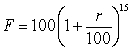 If $100 is invested at r % interest per year, compounded yearly, then the yield after 15 years is given by   . Find   .