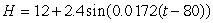 The number of hours, H, of daylight in Madrid as a function of the date is given by the formula   , where t is the number of days since the beginning of the year. What is   ? Round to 3 decimal places.