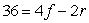 <strong>A teenager has $36 to spend at a carnival on both food and rides. Food costs (on average) $4 per item, and rides cost (on average) $2 each. Let f be the number of food items purchased and r be the number of rides purchased. What is the equation of the teenager's budget constraint?</strong> A) B) C) D)