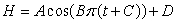 Temperature in Town A oscillates daily between   F at 4am and   F at 4pm. If   is a formula for the temperature in Town A in terms of time, where time is measured in hours from 4 am, then A =_____, B =_____, C =_____, and D =_____.