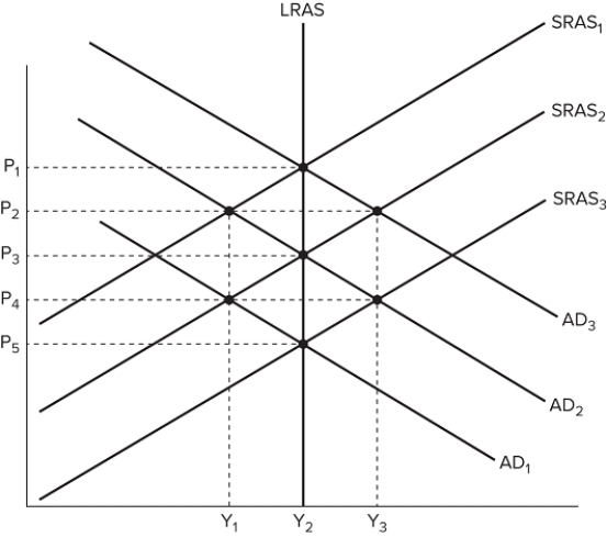 The figure shown displays various economic outcomes.   If the aggregate demand curve shifts from AD<sub>1</sub> to AD<sub>2</sub>, the resulting price and output in the long run would be: A)  P <sub>1</sub> and Y <sub>2</sub>. B)  P <sub>3</sub> and Y <sub>1</sub>. C)  P <sub>2</sub> and Y <sub>3</sub>. D)  P <sub>2</sub> and Y <sub>2</sub>.
