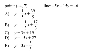 Write the slope-intercept form of the equation of the line through the given point perpendicular to the given line.  <div style=padding-top: 35px> 