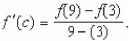 Determine whether the Mean Value Theorem can be applied to the function   on the closed interval [3,9].If the Mean Value Theorem can be applied, find all numbers c in the open interval (3,9)  such that   A) MVT applies; c = 6 B) MVT applies; c = 7 C) MVT applies; c = 4 D) MVT applies; c = 5 E) MVT applies; c = 8