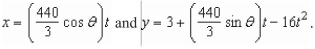 The parametric equations for the path of a projectile launched at a height   feet above the ground, at an angle   with the horizontal and having an initial velocity of   feet per second is Given by   The center field fence in a ballpark is   feet High and   feet from home plate.The ball is hit 3 feet above the ground.It leaves the bat at an angle Of   degrees with the horizontal at a speed of 100 miles per hour as shown in the figure.Find the Minimum angle at which the ball must leave the bat in order for the hit to be a home run using the Parametric equations   Round your answer to one Decimal place.   A)    B)    C)    D)    E)   