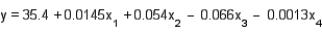 An automobile manufacturer would like to know the gas mileage of a car (y in miles per gallon) based on four predictor variables:   = horsepower (ft-lb),   = torque (ft-lb),   = displacement (cubic inches), and   = weight (lbs). Suppose the following equation does indeed describe the true relationship.   What is the gas mileage for a car with 160 ft-lbs of horsepower, 250 ft-lbs of torque, 350 cubic inches of displacement, and weighs 3900 pounds? ______________ miles/gallon What is the gas mileage for a car with 210 ft-lbs of horsepower, 330 ft-lbs of torque, 440 cubic inches of displacement, and weighs 4210 pounds? ______________ miles/gallon How would you interpret the value of   ? ________________________________________________________ How would you interpret the value of   ? ________________________________________________________ How would you interpret the value of   ? ________________________________________________________ How would you interpret the value of   ? ________________________________________________________
