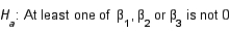 A chemist was interested in examining the effects of three chemicals on a chemical process yield. Let   , i = 1, 2, 3, represent the effects of the three chemicals, respectively and y be the process yield. The following output was generated using statistical software.   Find the least squares regression equation.   = _______ + _______   + _______   + _______   . Test the usefulness of the model at the 0.05 level of significance. The null and alternative hypotheses of interest are:   vs.   Test statistic: F = ______________ Rejection region: Reject H<sub>0</sub> if F > ______________ Conclude: ______________ ______________ of the predictor variables (one of the three chemicals) is contributing significant information for the prediction of the chemical process yield. Which variable, if any, should be removed from the model if a 0.05 level of significance is desired? ______________