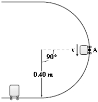 A 3.0-kg mass is released from rest at point A of a circular frictionless track of radius 0.40 m as shown in the figure. The mass slides down the track and collides with a 1.4-kg mass that is initially at rest on a horizontal frictionless surface. If the masses stick together, what is their speed after the collision?   A)  2.1 m/s B)  1.7 m/s C)  1.9 m/s D)  1.5 m/s E)  2.3 m/s