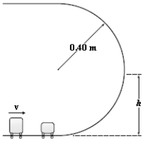 A 3.0-kg mass is sliding on a horizontal frictionless surface with a speed of 3.0 m/s when it collides with a 1.0-kg mass initially at rest as shown in the figure. The masses stick together and slide up a frictionless circular track of radius 0.40 m. To what maximum height, h, above the horizontal surface will the masses slide?   A)  0.18 m B)  0.15 m C)  0.21 m D)  0.26 m E)  0.40 m