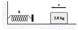 The horizontal surface on which the block slides is frictionless. The speed of the block before it touches the spring is 6.0 m/s. How fast is the block moving at the instant the spring has been compressed 15 cm? k = 2.0 kN/m   A)  3.7 m/s B)  4.4 m/s C)  4.9 m/s D)  5.4 m/s E)  14 m/s