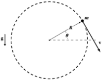 An object attached to the end of a string swings in a vertical circle (R = 1.2 m) , as shown. At an instant when θ = 30°, the speed of the object is 5.1 m/s and the tension in the string has a magnitude of 20 N. What is the mass of the object?   A)  2.0 kg B)  1.5 kg C)  1.8 kg D)  1.2 kg E)  0.80 kg