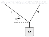 An object of unknown weight is suspended as shown. The tension in rope 1 is 25 lb, and the tension in rope 2 is 31 lb. What is the weight of the suspended object?   A)  36 lb B)  33 lb C)  41 lb D)  39 lb E)  56 lb