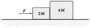 The horizontal surface on which the objects slide is frictionless. If M = 1.0 kg and the magnitude of the force of the small block on the large block is 5.2 N, determine F.   A)  6.0 N B)  9.0 N C)  7.8 N D)  4.8 N E)  4.1 N