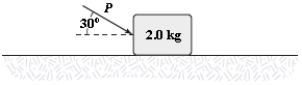 A 2.0-kg block slides on a rough horizontal surface. A force (P = 6.0 N)  is applied to the block as shown. The magnitude of the block's acceleration is 1.2 m/s<sup>2</sup>. What is the magnitude of the force of friction acting on the block?   A)  2.0 N B)  1.4 N C)  1.6 N D)  2.8 N E)  3.4 N
