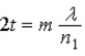 A film of index of refraction n<sub>1</sub> coats a surface with index of refraction n<sub>2</sub>. When n<sub>1</sub> > n<sub>2</sub>, the condition for destructive interference for reflected monochromatic light of wavelength λ in air is A)    . B)    . C)    . D)    . E)    .