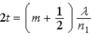 A film of index of refraction n<sub>1</sub> coats a surface with index of refraction n<sub>2</sub>. When n<sub>1</sub> < n<sub>2</sub>, the condition for destructive interference for reflected monochromatic light of wavelength λ in air is A)    . B)    . C)    . D)    . E)    .