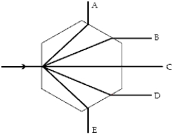 A light ray strikes a hexagonal ice crystal floating in the air perpendicular to one face, as shown below. The hexagonal faces of the crystal are perpendicular to the plane of the page. All the rays shown are in the plane of the page, and n<sub>ice</sub> = 1.30. Which outgoing ray is correct when the incoming ray strikes the crystal face on the left head on?   A)  A B)  B C)  C D)  D E)  E