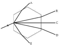 A light ray strikes a hexagonal ice crystal floating in the air at a 30° angle to one face, as shown below. The hexagonal faces of the crystal are perpendicular to the plane of the page. All the rays shown are in the plane of the page, and n<sub>ice</sub> = 1.30. Which outgoing ray is the correct one?   A)  A B)  B C)  C D)  D E)  E