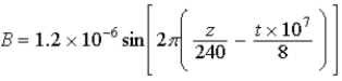 The magnetic field of a plane-polarized electromagnetic wave moving in the z-direction is given by   in SI units. What is the speed of the EM wave? A)  3 × 10<sup>8</sup> m/s B)  100 m/s C)  10<sup>6</sup> m/s D)  2 × 10<sup>7</sup> m/s E)  2 × 10<sup>8</sup> m/s