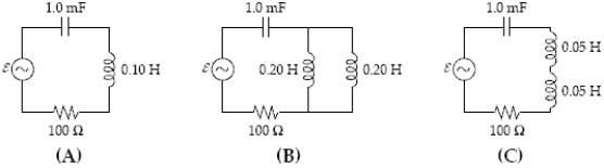 All three circuits below have R = 100 Ω, C = 1.0 mF and emf ε = (5.0 V)  sin (377 t) . The inductors in (B)  and (C)  are placed sufficiently far apart so that they do not alter one another's inductance. Such inductors add combine like resistors. Which statement regarding the angular resonance frequencies ω<sub>A</sub>, ω<sub>B</sub> and ω<sub>C</sub> is correct?   A)  ω<sub>C</sub> > ω<sub>A</sub> = ω<sub>B</sub> B)  ω<sub>C</sub> < ω<sub>A</sub> = ω<sub>B</sub> C)  ω<sub>A</sub> = ω<sub>B</sub> = ω<sub>C</sub> D)  ω<sub>B</sub> < ω<sub>A</sub> = ω<sub>C</sub> E)  ω<sub>B</sub> > ω<sub>A</sub> = ω<sub>C</sub>