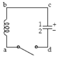 A 10-μF capacitor in an LC circuit made entirely of superconducting materials (R = 0 Ω)  is charged to 100 μC. Then a superconducting switch is closed. At t = 0 s, plate 1 is positively charged and plate 2 is negatively charged. At a later time, V<sub>ab</sub> = +10 V. At that time, V<sub>dc</sub> is   A)  0 V. B)  3.54 V. C)  5.0 V. D)  7.07 V. E)  10 V.