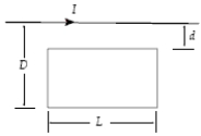 A loop of wire (resistance = 2.0 mΩ)  is positioned as shown with respect to a long wire which carries a current. If d = 1.0 cm, D = 6.0 cm, and L = 1.5 m, what current is induced in the loop at an instant when the current in the wire is increasing at a rate of 100 A/s?   A)  34 mA B)  30 mA C)  27 mA D)  38 mA E)  0.50 mA