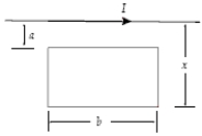 A long straight wire is parallel to one edge and is in the plane of a single-turn rectangular loop as shown. If the loop is changing width so that the distance x changes at a constant rate of 4.0 cm/s, what is the magnitude of the emf induced in the loop at an instant when x = 6.0 cm? Let a = 2.0 cm, b = 1.2 m, and I = 30 A.   A)  5.3 μV B)  2.4 μV C)  4.8 μV D)  2.6 μV E)  1.3 μV