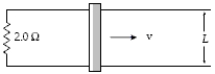 In the arrangement shown, a conducting bar of negligible resistance slides along horizontal, parallel, frictionless conducting rails connected as shown to a 2.0-Ω resistor. A uniform 1.5-T magnetic field is perpendicular to the plane of the paper. If L = 60 cm, at what rate is thermal energy being generated in the resistor at the instant the speed of the bar is equal to 4.2 m/s?   A)  8.6 W B)  7.8 W C)  7.1 W D)  9.3 W E)  1.8 W