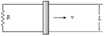 A bar (L = 80 cm)  moves on two frictionless rails, as shown, in a region where the magnetic field is uniform (B = 0.30 T)  and into the paper. If v = 50 cm/s and R = 60 mΩ, what is the magnetic force on the moving bar?   A)  0.48 N to the right B)  0.48 N to the left C)  0.32 N to the left D)  0.32 N to the right E)  None of the above