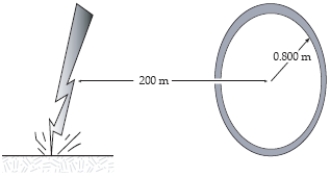 A bolt of lightning strikes the ground 200 m from a 100-turn coil oriented vertically and with the plane of the coil pointing toward the lightning strike. The radius of the coil is 0.800 m and the current in the lightning bolt falls from 6.02 × 10<sup>6</sup> A to zero in 10.5 μs. What is the voltage induced in the coil over this time period? [A question for future electrical engineers: is there any way to get lightning to strike repeatedly at the same point?] ​  