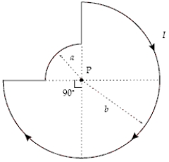 In the figure, if a = 2.0 cm, b = 4.0 cm, and I = 2.0 A, what is the magnitude of the magnetic field at point P?   A)  49 μT B)  39 μT C)  50 μT D)  69 μT E)  13 μT