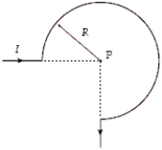 The segment of wire (total length including portions of incoming and outgoing wire = 6R)  is formed into the shape shown and carries a current I. What is the magnitude of the resulting magnetic field at the point P?   A)    B)    C)    D)    E)   