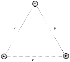 The figure shows a cross section of three parallel wires each carrying a current of 5.0 A out of the paper. If the distance R = 6.0 mm, what is the magnitude of the magnetic force on a 2.0-m length of any one of the wires?   A)  2.5 mN B)  3.3 mN C)  2.2 mN D)  2.9 mN E)  1.7 mN