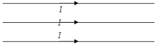 Three coplanar parallel straight wires carry equal currents I to the right as shown below. Each pair of wires is a distance a apart. The direction of the magnetic force on the middle wire   A)  is up out of the plane of the wires. B)  is down into the plane of the wires. C)  is in the plane of the wires, directed upwards. D)  is in the plane of the wires, directed downwards E)  cannot be defined, because there is no magnetic force on the middle wire.
