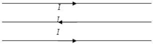 Three coplanar parallel straight wires carry equal currents I as shown below. The current in the outer wires is directed to the right, and that in the middle wire is directed to the left. Each pair of wires is a distance a apart. The direction of the magnetic force on the middle wire   A)  is up out of the plane of the wires. B)  is down into the plane of the wires. C)  is in the plane of the wires, directed upwards. D)  is in the plane of the wires, directed downwards E)  cannot be defined, because there is no magnetic force on the middle wire.