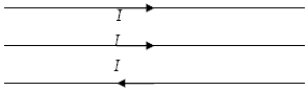 Three coplanar parallel straight wires carry equal currents I to the right as shown below. The current in the upper two wires is directed to the right, but the current in the bottom wire is directed to the left. Each pair of wires is a distance a apart. The direction of the magnetic force on the middle wire   A)  is up out of the plane of the wires. B)  is down into the plane of the wires. C)  is in the plane of the wires, directed upwards. D)  is in the plane of the wires, directed downwards E)  cannot be defined, because there is no magnetic force on the middle wire.