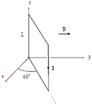 A square loop (L = 0.20 m)  consists of 50 closely wrapped turns, each carrying a current of 0.50 A. The loop is oriented as shown in a uniform magnetic field of 0.40 T directed in the positive y direction. What is the magnitude of the torque on the loop?   A)  0.21 N ⋅ m B)  0.20 N ⋅ m C)  0.35 N ⋅ m D)  0.12 N ⋅ m E)  1.73 N ⋅ m