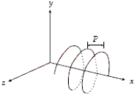 A uniform magnetic field of 0.50 T is directed along the positive x axis. A proton moving with a speed of 60 km/s enters this field. The helical path followed by the proton shown has a pitch of 5.0 mm. Determine the angle between the magnetic field and the velocity of the proton.   A)  39° B)  51° C)  44° D)  34° E)  71°