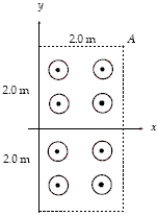 The boundary shown is that of a uniform magnetic field directed in the positive z direction. An electron enters the magnetic field with a velocity pointing along the x axis and exits 0.63 μs later at point A. What is the magnitude of the magnetic field?   A)  18 μT B)  14 μT C)  28 μT D)  34 μT E)  227 μT