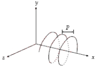 A charged particle (m = 2.0 g, q = −50 μC)  moves in a region of uniform field along a helical path (radius = 4.0 cm, pitch = 8.0 cm)  as shown. What is the angle between the velocity of the particle and the magnetic field?   A)  27° B)  72° C)  63° D)  18° E)  58°