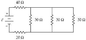 At what rate is thermal energy generated in the 20-Ω resistor when ε = 20 V?   A)  6.5 W B)  1.6 W C)  15 W D)  26 W E)  5.7 W