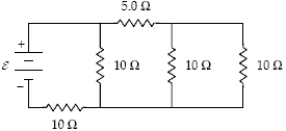 At what rate is thermal energy generated in the 5-Ω resistor when ε = 24 V?   A)  13 W B)  3.2 W C)  23 W D)  39 W E)  51 W