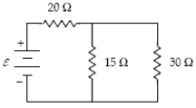What is the current in the 15-Ω resistor when ε = 9.0 V?   A)  0.20 A B)  0.30 A C)  0.10 A D)  0.26 A E)  0.60 A
