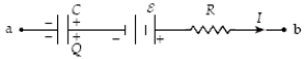If R = 3.0 kΩ, C = 5.0 mF, ε = 6.0 V, Q = 15 mC, and I = 4.0 mA, what is the potential difference V<sub>b</sub> − V<sub>a</sub>?   A)  −3.0 V B)  +9.0 V C)  −15 V D)  +21 V E)  −6.0 V