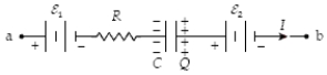 If R = 3.0 kΩ, C = 6.0 nF, ε <sub>1</sub> = 10.0 V, Q = 18 nC, ε <sub>2</sub> = 6.0 V, and I = 5.0 mA, what is the potential difference V<sub>b</sub> − V<sub>a</sub>?   A)  −13 V B)  +28 V C)  +13 V D)  −28 V E)  +2.0 V