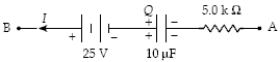 If Q = 350 μC and I = 4.0 mA in the circuit segment shown below, determine the potential difference, V<sub>A</sub> − V<sub>B</sub>.   A)  −30 V B)  +80 V C)  +40 V D)  −40 V E)  +10 V